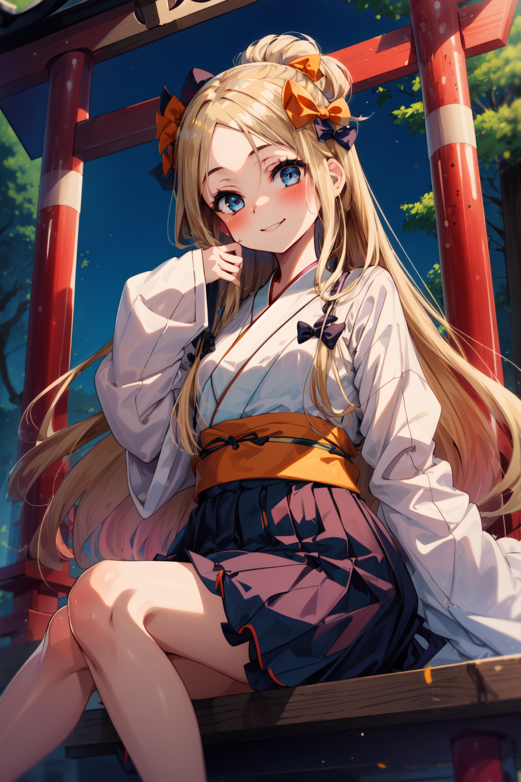 00794-2127565443-masterpiece,best quality,1girl,hmaw1,long hair,black bow,orange bow,miko clothes,long sleeves,long hakama,japanese shrine,smile,.png